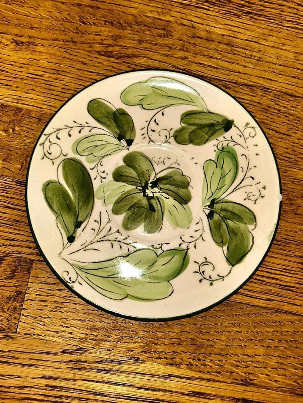 Vintage Mid Century Hand Painted Green Leaf Ceramic Plate